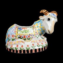 Hand Painted Flower Planter Mountain Goat Ceramic Floral Pot Red Blue White - £30.07 GBP