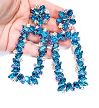 Rhinestone Clip On Earrings, Chandelier Drop Earrings, Blue Pageant Earrings, Gi - £38.36 GBP