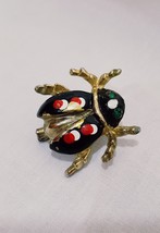 Ladybug Bug Brooch Pin Gold Tone Painted Body Black Rhinestone Eyes 1&quot; Vintage - £14.00 GBP