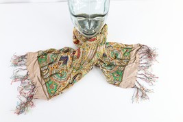 Vintage 40s 50s Rockabilly Geometric Rainbow Silk Fringed Tassel Scarf W... - £47.55 GBP