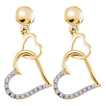 14k Yellow Gold Round Diamond Linked Heart Dangle Screwback Earrings 1/10 Ctw - £160.36 GBP