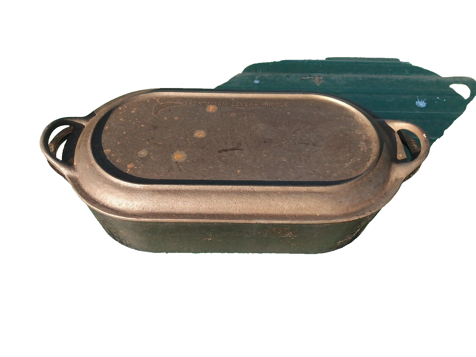 VINTAGE CAST IRON DEEP FISH FRYER 3060 SPORTSMAN COVER GRIDDLE LID