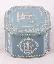Vintage Horner Wedgewood Blue &amp; White Tin Container Grecian Women Cupids ~5x4x3 - £17.58 GBP
