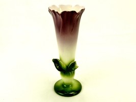 Trumpet Flower Bud Vase, Purple Bloom, 3D Leaf Art, Vintage Porcelain Home Decor - £14.71 GBP