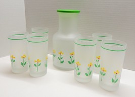 Libbey of Canada Frosted Beverage Carafe 6 Glasses Yellow Flower Telaflora 1985 - £78.56 GBP