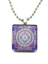 Mandala Purple Necklace Wooden Pendant SRI YANTRA Meditation Silver 22&quot; Chain - £5.42 GBP