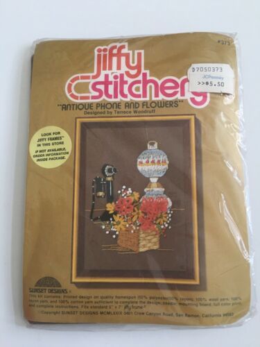 Vintage Embroidery Kit Antique Phone & Flowers Jiffy Stitchery New Unopened #373 - $18.69