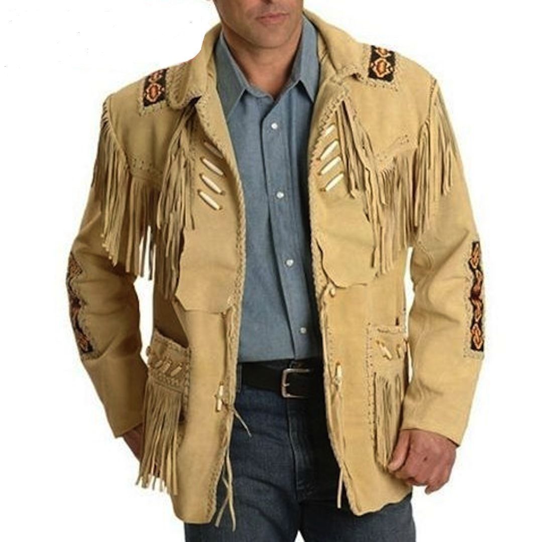 Men's New Western Beige Suede Leather Jacket Fringe / Bones / Beads Coat Fringes