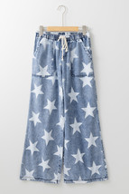 Light Blue Star Print Light Wash Drawstring Elastic Waistband Wide Leg J... - $26.59