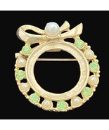 Vintage Gold-Tone Brooch Faux Pearls &amp; Green Rhinestones Bow Accent Mid-... - £12.63 GBP