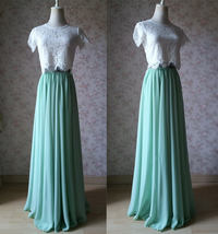 Boho Wedding Bridesmaid Dress Chiffon Maxi Skirt Short Sleeve Crop Lace Top  image 3