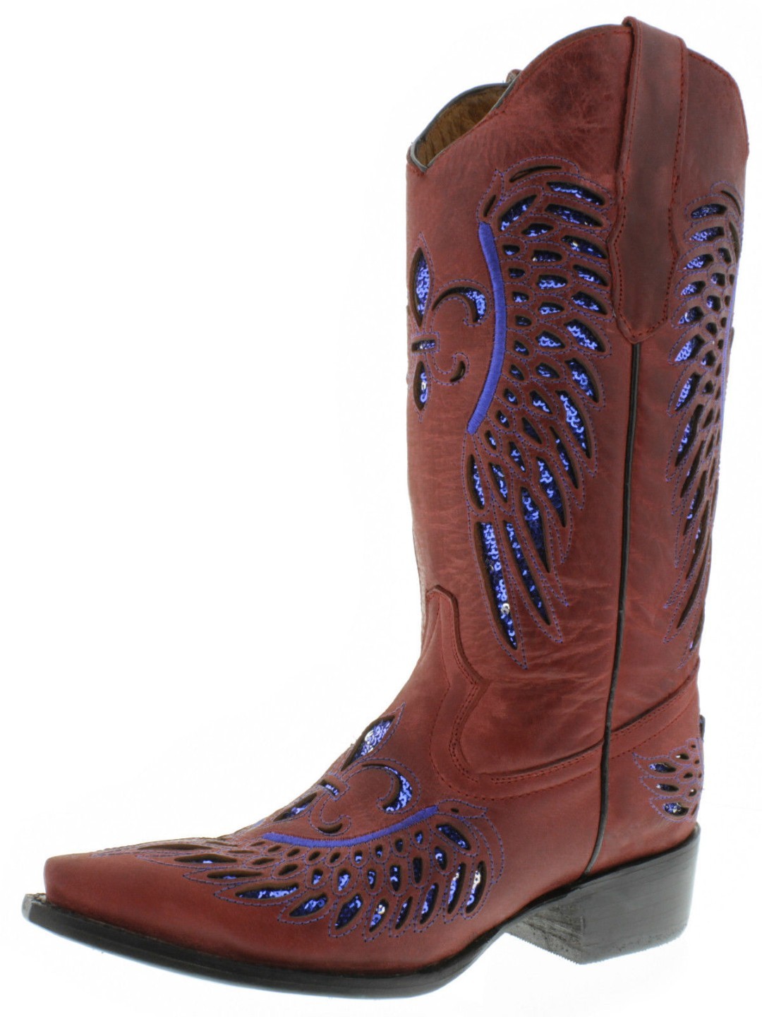 Womens Western Boots Red Leather Blue Sequins Fleur-De-Lis Wings Size 4.5-8 - $97.00