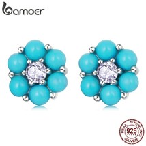 Bamoer New Arrival 925 Silver Turquoise Flower Stud Earrings for Women Blue Ston - £18.16 GBP