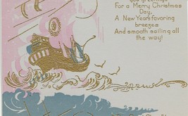Vintage Christmas Card Gold Ship Blue Pink Trim 1929 Front and Back Card - $5.93