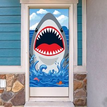 Shark Attack Door Cover For Shark Party Decoration Shark Birthday Backdrop Banne - £17.29 GBP