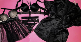 Victoria&#39;s Secret 34D Bra Set+M Strappy Thong+Babydoll+Robe Black Lace Very Sexy - £158.26 GBP