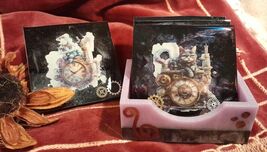 Coaster SET of 4 and Holder STEAMPUNK CATS Unique Mixed Media Gifts Hand... - $18.95