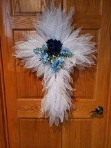 Cross Mesh Wreath Flowers Door Angelic 38x26 inches White Blue Wall - £33.05 GBP