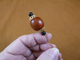 (U200-4) rust red African Copal + black glass beaded gold hatpin Pin hat pins - £11.70 GBP