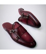 Mens Handmade Burgundy Leather Luxury Slippers Mule with Double Monkstra... - $169.99