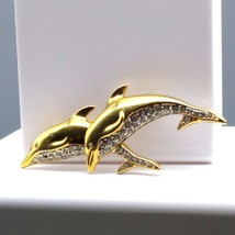 Vintage Pave Leaping Dolphins Brooch, Gold Tone with Clear Crystals - £26.29 GBP