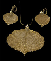 Vintage Gold Dipped Real Leaf w/ Gold-plated Chain 23” And Clip On Earrings - £35.20 GBP