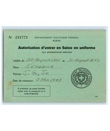 1950s Card Authorization To Enter Switzerland In Uniform Berne JG Kendrick - $16.28 CAD