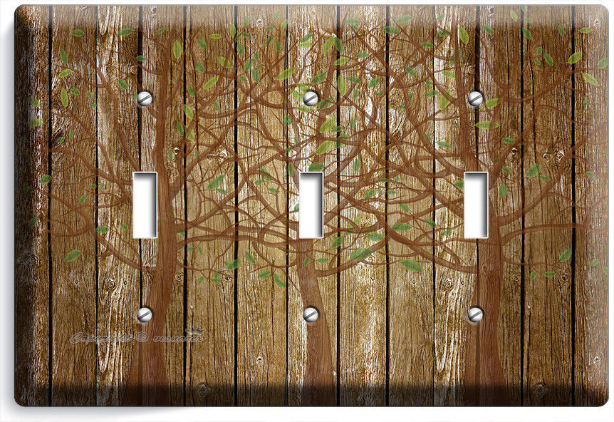 RUSTIC WOOD TREE OF LIFE ANTIQUE DESIGN TRIPLE LIGHT SWITCH PLATES BEDROOM DECOR - £13.16 GBP