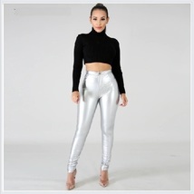 Shiny Silver Tight Fit Faux Leather High Waist Front Zip Up Legging Pencil Pants image 2