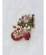 Gold Rhinestone Christmas Elf Shoe Brooch Gift Candy Canes Tree - £8.71 GBP