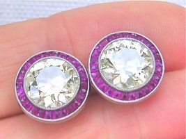 Antique Art Deco 4.46ctw Euro Diamond Ruby Halo Statement Big Stud Earrings 1930 - £30,637.23 GBP