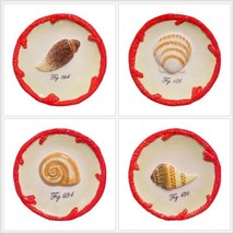 MWW Market 4-Mini 3D Seashells Decorative Ceramic Plates Nautical Red Border - £19.78 GBP