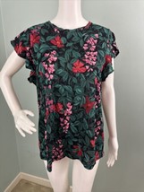 NWT Women&#39;s Ann Taylor Green Floral Garden Flutter Sleeve Linen Tee Top Sz XL - £18.12 GBP