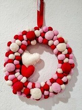 Valentines Day Wool Red Pink Ivory Heart Ball Wreath Home Wall Decor  - £38.00 GBP