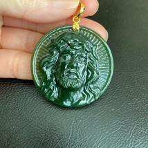 14K Real Solid Gold Green Nephrite Jade Carved Jesus Christ Head Pendant Round - £318.22 GBP