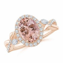 Authenticity Guarantee 
Oval Morganite Twisted Vine Ring with Diamond Halo in... - £2,111.31 GBP