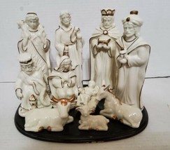 Christmas Nativity Set Wood Base International Bazaar 10 Pc Ivory &amp; Gold  - £29.06 GBP