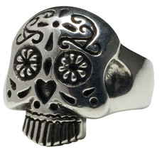 Handcrafted Sugar Skull Day of the Dead Sterling Silver Ring Femme Metale .925 - £127.14 GBP