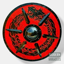 24&quot; Medieval Viking Wooden Shield Red Dragon Handmade (GOT) Ragnar Cosplay Gift - £73.43 GBP