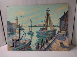 Vintage Fishing Boat Ship in Harbor Hand Paint by Number No Frame 12&quot; x 16&quot; - £28.55 GBP