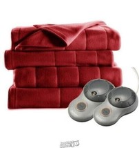 Sunbeam Heated Electric Blanket Quilted Fleece King Garnet Red Duel Cont... - $85.49