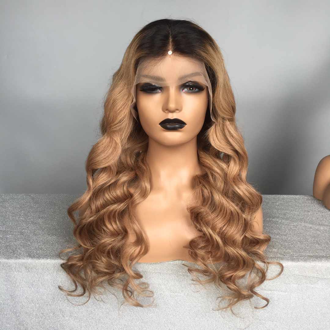 Primary image for Ombre blonde human hair wavy lace front wig dark roots honey blonde wig