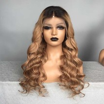 Ombre blonde human hair wavy lace front wig dark roots honey blonde wig - $426.00