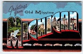 Greetings From Old Mission Michigan Large Letter Postcard Linen 1940 Automobiles - £48.47 GBP