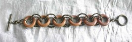 Fabulous Boho Wood &amp; Bronze-tone Circle Link Bracelet 1970s vintage 8&quot; - £11.95 GBP