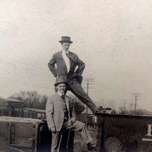 Handsome Men Standing On Train Cars Photograph Original Antique Snapshot Photo - £7.86 GBP