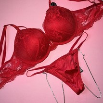 Victoria&#39;s Secret 32B Bombshell Bra Set Xs Thong Strappy Red Lace Shine Strap - £63.31 GBP