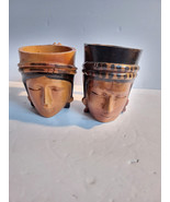 Vintage Hand-Carved Cups Primitive Wooden Tribal Tiki Head Face Mugs - $38.69