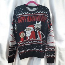 Rick and Morty Sweater Men Medium Black Red White Happy Human Holiday Christmas - £17.99 GBP