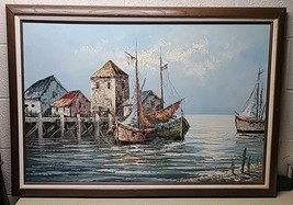Folland Painting Sailboats Ocean Pier Dock Harbor Framed &amp; SIGNED!  40 X... - $389.89